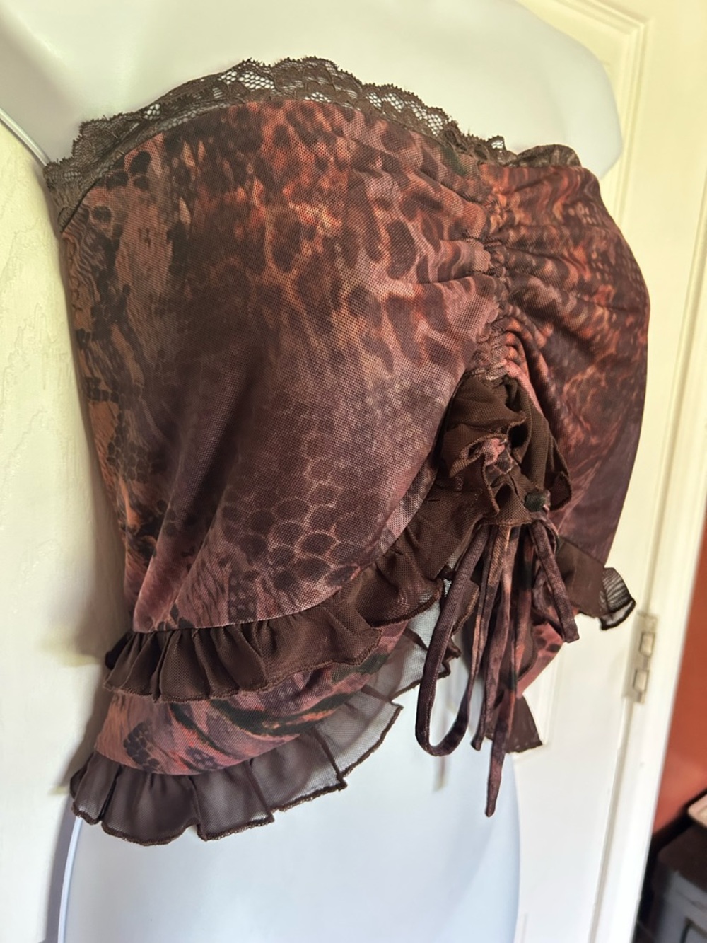 Outcast Brown Animal Print Ruffled Tube Top- Size XS- NWOT